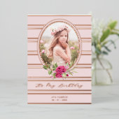 誕生日ラグジュアリーピンクフローラガーランドフォト 箔招待状 (立ち正面)