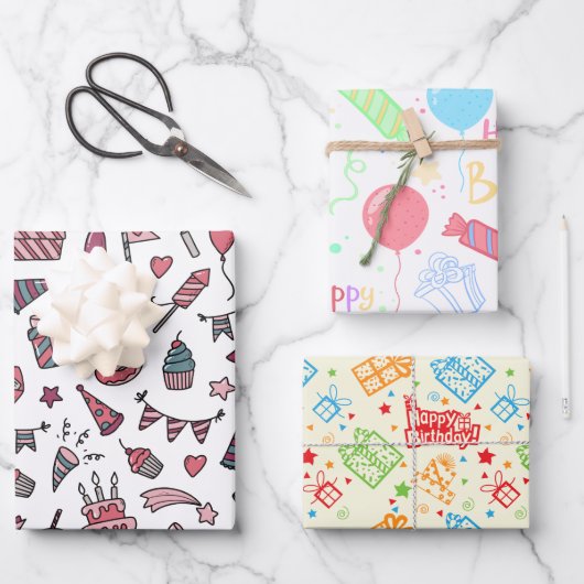 誕生日ラッピング紙フラットシートセット3 ラッピングペーパーシート (正面)
