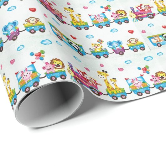 誕生日ラッピング紙 – 電車の中の赤ちゃん動物 ラッピングペーパー (ロールコーナー)