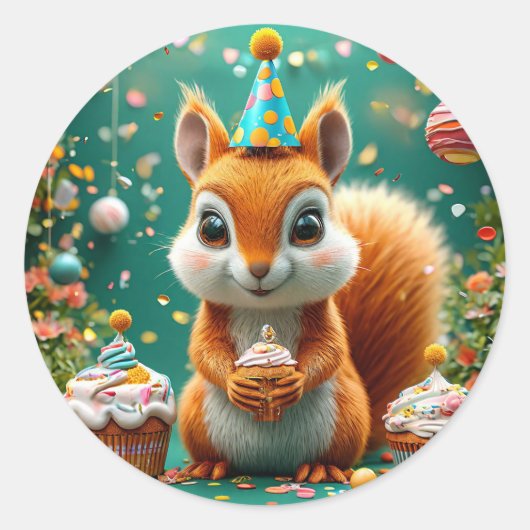 誕生日リス かわいい森の動物パーティー ラウンドシール (正面)