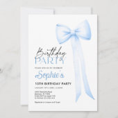 誕生日リボン招待状、ブルーコケティーボウ 招待状 (正面)