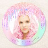 誕生日レインボーグリッタードリッカスタムプ写真ピンク ラウンドペーパーコースター (正面)