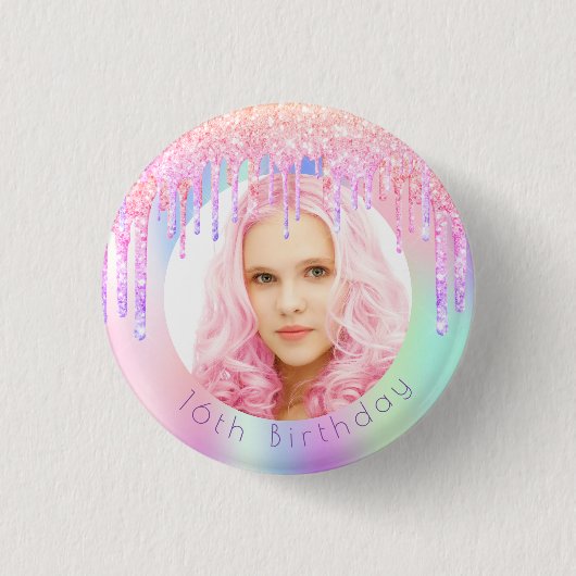 誕生日レインボーグリッタードリッカスタムプ写真ピンク 缶バッジ (正面)