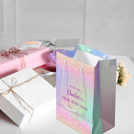 誕生日レインボーグリッタードリップスピンクモノグラム ミディアムペーパーバッグ