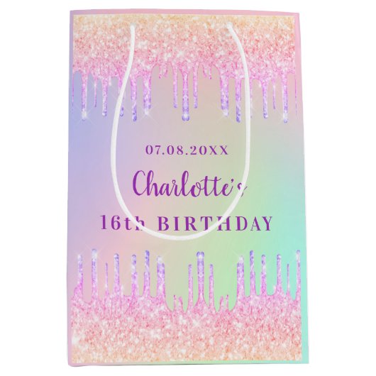 誕生日レインボーグリッタードリップスピンクモノグラム ミディアムペーパーバッグ (正面)