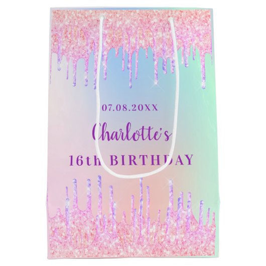 誕生日レインボーグリッタードリップスピンクモノグラム ミディアムペーパーバッグ (裏面)