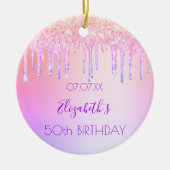 誕生日レインボーグリッターピンクパープル50スパークル セラミックオーナメント (正面)