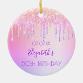 誕生日レインボーグリッターピンクパープル50スパークル セラミックオーナメント (裏面)