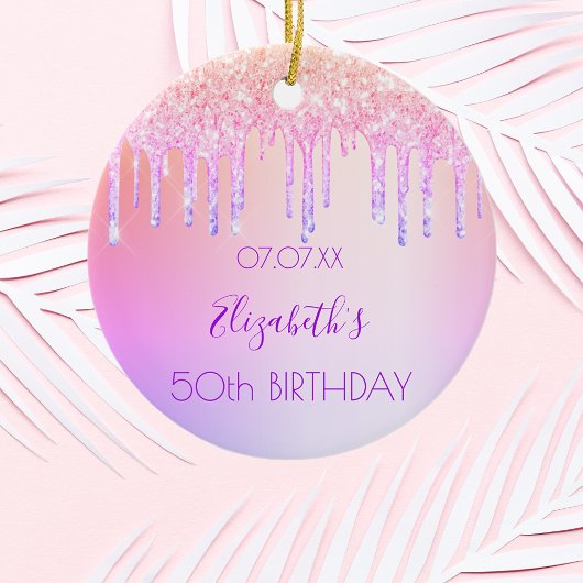 誕生日レインボーグリッターピンクパープル50スパークル セラミックオーナメント