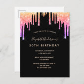 誕生日レインボーグリッターブラックピンクの招待 ポストカード (正面/裏面)