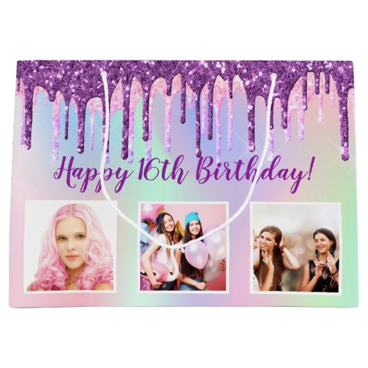 誕生日レインボーパープルグリッタードリップカスタム写真 ラージペーパーバッグ (正面)