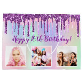 誕生日レインボーパープルグリッタードリップカスタム写真 ラージペーパーバッグ (裏面)