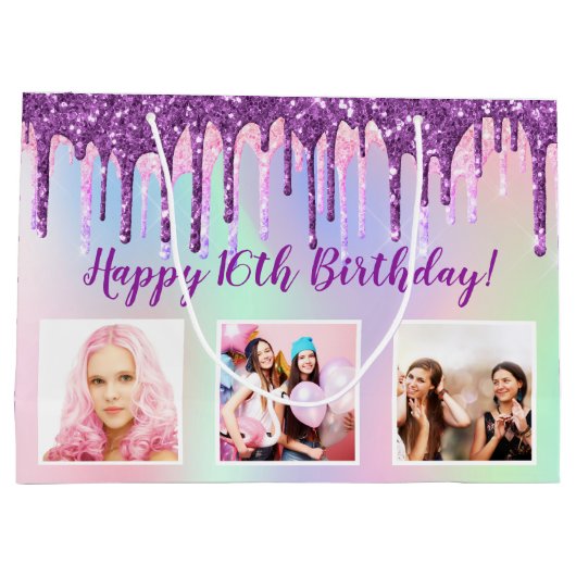 誕生日レインボーパープルグリッタードリップカスタム写真 ラージペーパーバッグ (裏面)