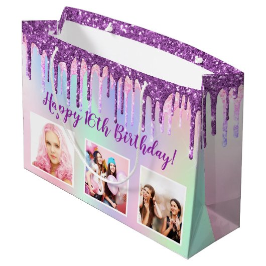 誕生日レインボーパープルグリッタードリップカスタム写真 ラージペーパーバッグ (裏面アングル)