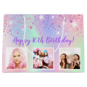 誕生日レインボーピンクグリッターパープルカスタムフォト ラージペーパーバッグ (正面)