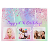 誕生日レインボーピンクグリッターパープルカスタムフォト ラージペーパーバッグ (裏面)