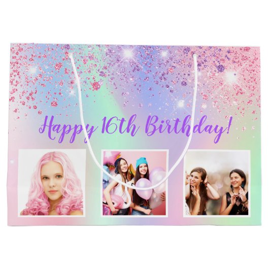 誕生日レインボーピンクグリッターパープルカスタムフォト ラージペーパーバッグ (裏面)