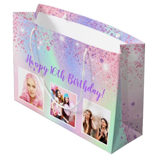 誕生日レインボーピンクグリッターパープルカスタムフォト ラージペーパーバッグ (裏面アングル)