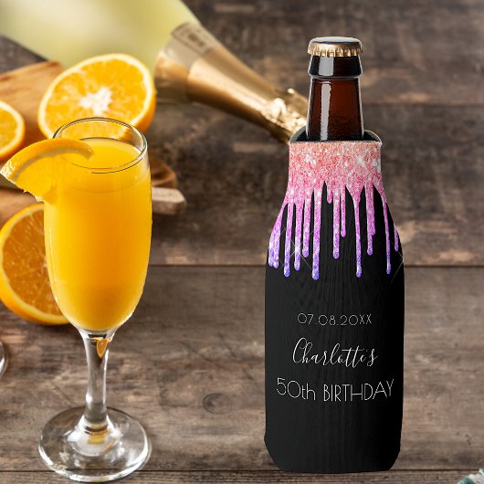 誕生日レインボーブラックグリッターピンクパーティー ボトルクーラー