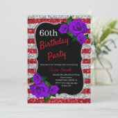 誕生日レッドシルバーストライプグリッターパープルバラ 招待状 (スタンド正面)