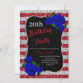 誕生日レッドシルバーストライプグリッター深いブルーバラ 招待状 (正面)