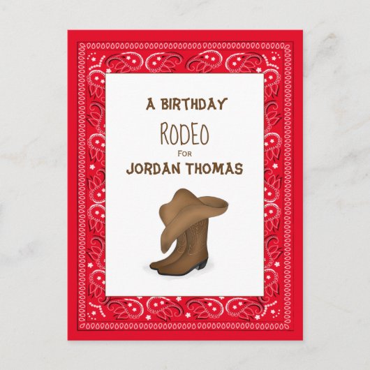 誕生日レッドバンダナカウボーイかわいい帽子とブーツ ポストカード (正面)