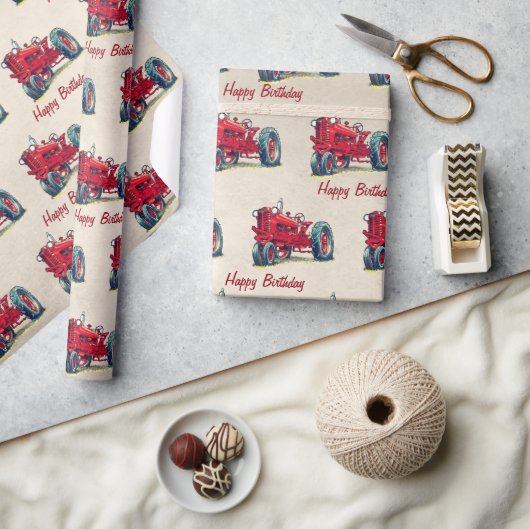 誕生日レッドファームトラクターラッピング紙 ラッピングペーパー (クラフト)