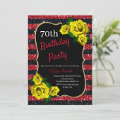 誕生日レッドブラックストライプグリッターイエローローズ 招待状 (スタンド正面)