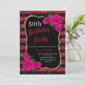 誕生日レッドブラックストライプグリッターピンクローズ 招待状 (スタンド正面)