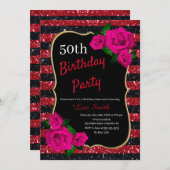 誕生日レッドブラックストライプグリッターピンクローズ 招待状 (正面/裏面)