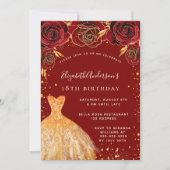 誕生日レッド金ゴールドグリッタードレスラグジュアリ 招待状 (正面)