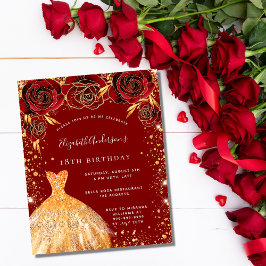 誕生日レッド金ゴールドグリッタードレス予算の招待 チラシ