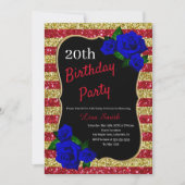 誕生日レッド金ゴールドストライプグリッター深いブルーバラ 招待状 (正面)