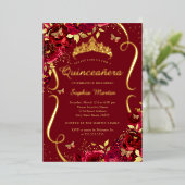 誕生日レッド金ゴールドフローラバタフライキンセアニェラ 箔招待状 (立ち正面)