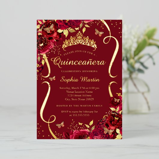 誕生日レッド金ゴールドフローラバタフライキンセアニェラ 箔招待状 (立ち正面)
