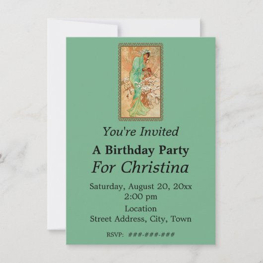 誕生日レディーグリーンフード黄金の木にガウン 招待状 (正面)