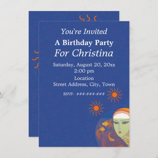 誕生日レディーボウルの後ろの金魚の太陽 招待状 (正面/裏面)