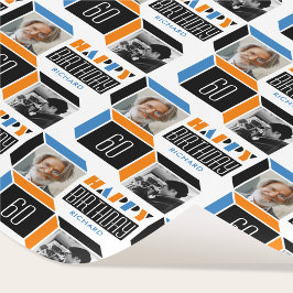 誕生日レトロキューブ写真第60回オレンジブルーホワイト ラッピングペーパー