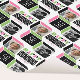 誕生日レトロキューブ写真58thピンク緑ホワイト ラッピングペーパー