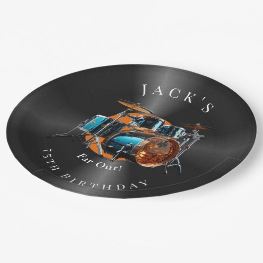 誕生日レトロビニールレコードドラムセットロックミュージック ペーパープレート (アングル)