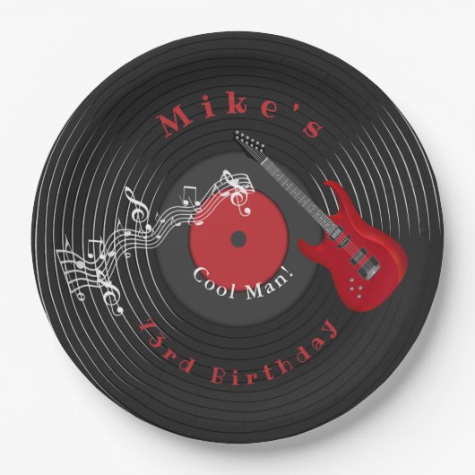 誕生日レトロレコード音楽レッドギター ペーパープレート (正面)