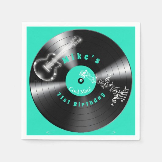 誕生日レトロレコード・ロックミュージック・ギター スタンダードカクテルナプキン (正面)
