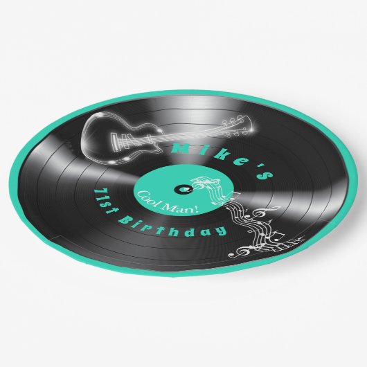 誕生日レトロレコード・ロックミュージック・ギター ペーパープレート (アングル)