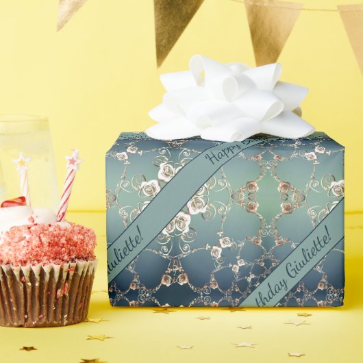 誕生日ロマンチックバラブルー ラッピングペーパー (誕生日パーティー)