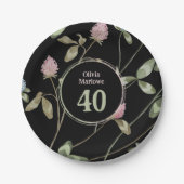 誕生日ロマンチックブラックピンククローバーフローラ ペーパープレート (正面)
