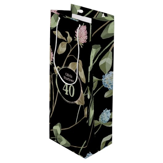 誕生日ロマンチックブラックピンククローバーフローラ ワインギフトバッグ (正面アングル)