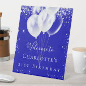 誕生日ロヤブルー銀グリッターバルーンへようこそ 台座サイン (インサイチュ)