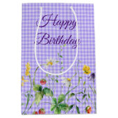 誕生日ワイルドフラワーオンパープルギンガム ミディアムペーパーバッグ (正面)