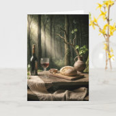 誕生日ワインとパンを森のテーブルに カード (黄色い花)