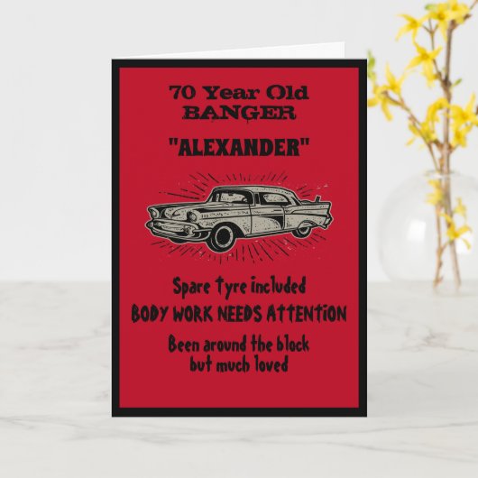 誕生日ヴィンテージカー自分の赤を作おもしろい成 カード (黄色い花)